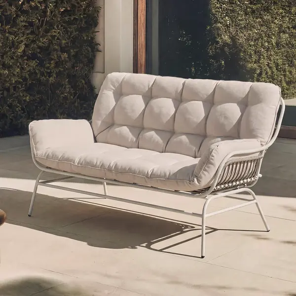 2er-Sofa HWC-P75 Stoff - hellgrau, Polster beige