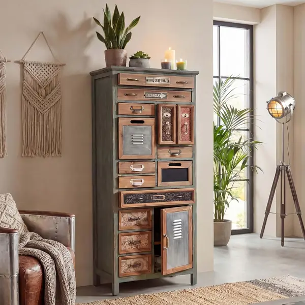 Apotheker-Schrank HWC-A43AM 138x57x32cm Tanne Vintage