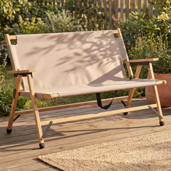Bambus Campingbank HWC-Q40 117cm Stoff/Textil - Creme