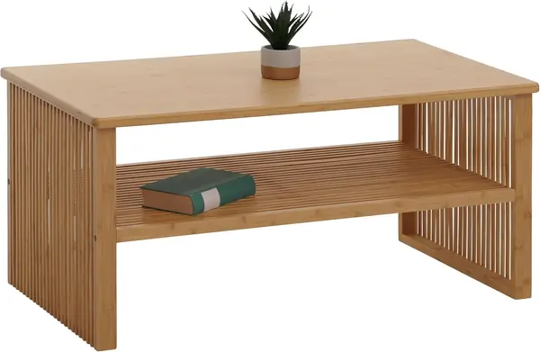Bambus Couchtisch HWC-N80 Ablagefach 46x97x55cm