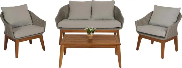 Gartengarnitur HWC-N37 Poly-Rattan - grau, Kissen hellgrau