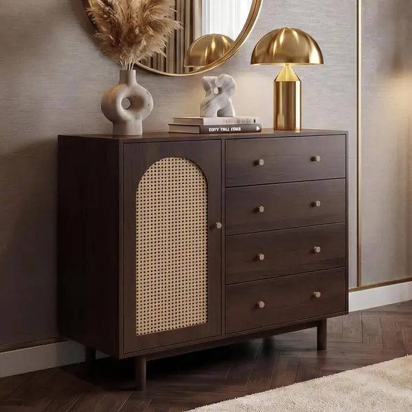 Kommode HWC-P52 Poly-Rattan MDF Melamin 95x100x40cm…