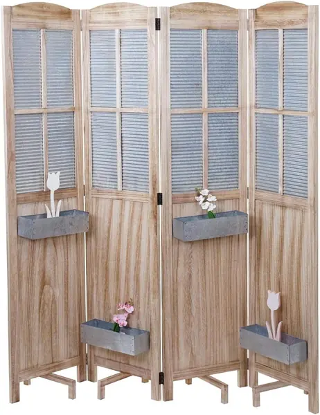 Paravent HWC-D26 Pflanzkörbe Holz Metall 170x161x29cm
