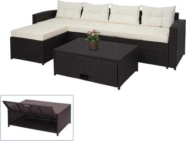 Poly-Rattan Garnitur HWC-J34 Staufach - braun, Kissen…