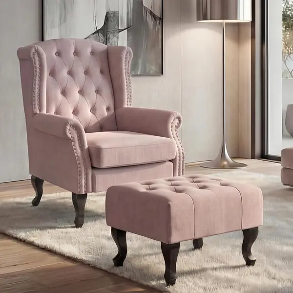Sessel Chesterfield Stoff/Textil - Hellrosa mit Ottomane