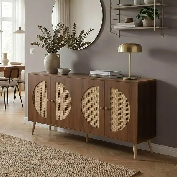 Sideboard HWC-P49AM, Poly-Rattanfront 80x160x40cm - braun